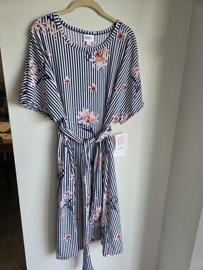 LuLaRoe Navy, White & Pink Striped Floral Tie-Front Dress